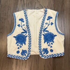Boho Embroidered Faux Leather Vest Cream Blue Floral Open Front Women